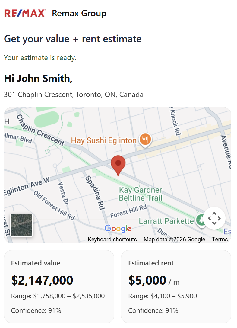 Gnowise value and rent estimate result